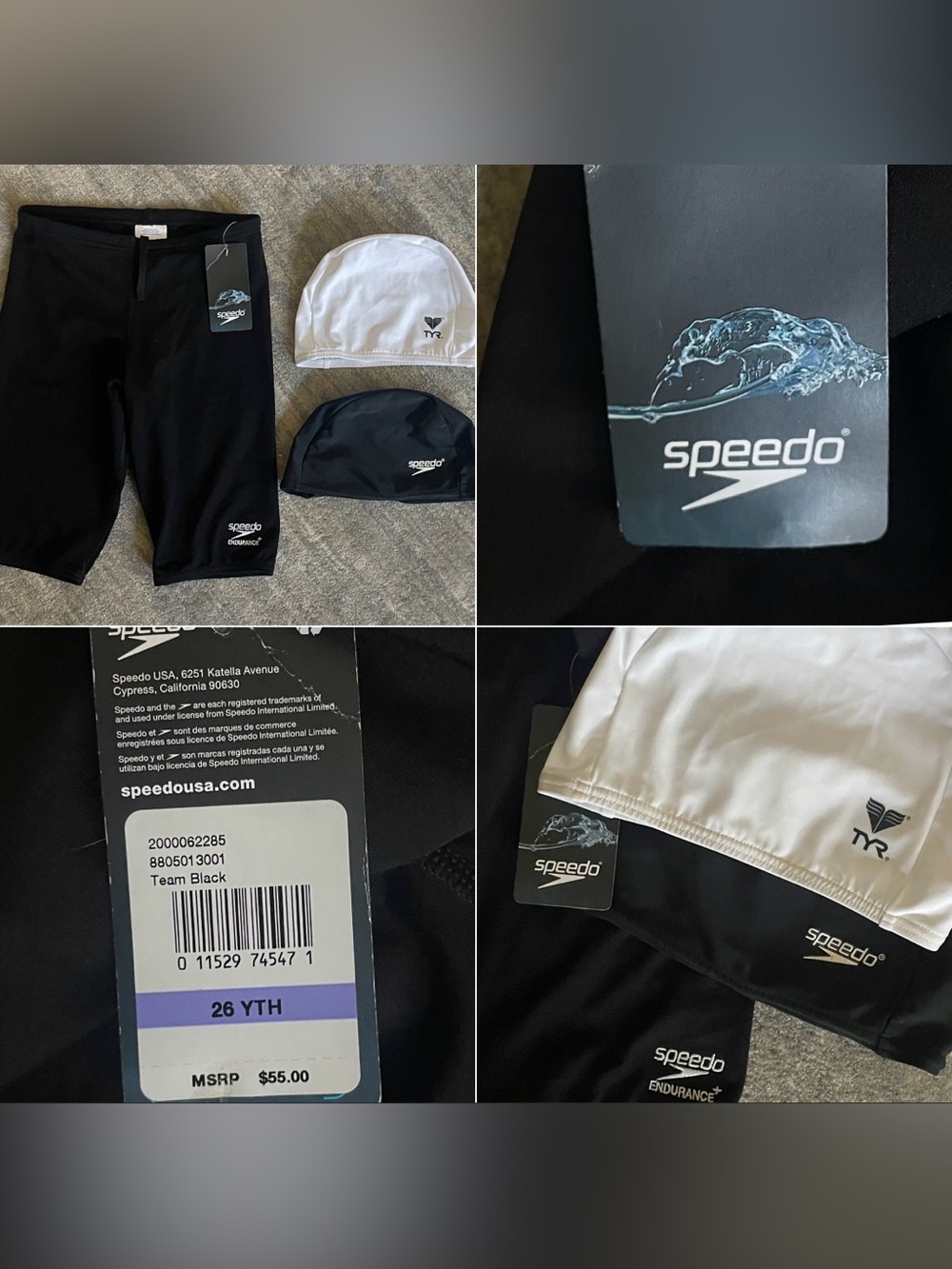 NEW Speedo Youth 26 Swim Jammers Shorts + Speedo & TYR Swim Caps BUNDLE!